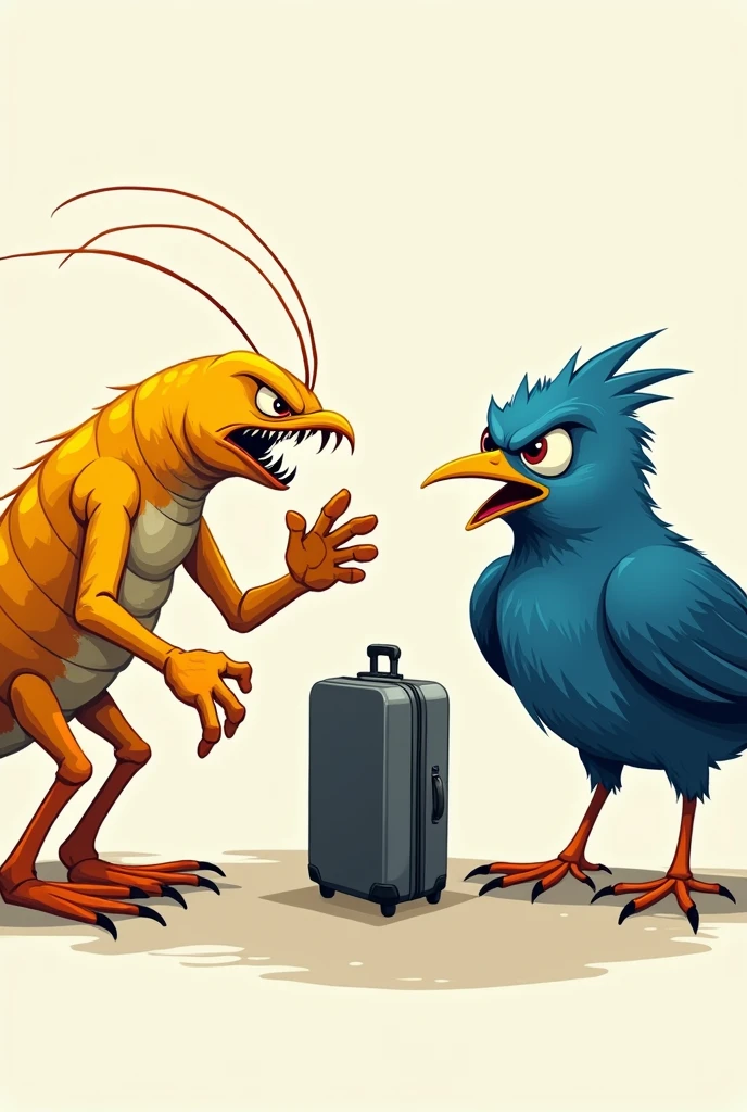 Angry yellow shrimp blue bird with suitcase 