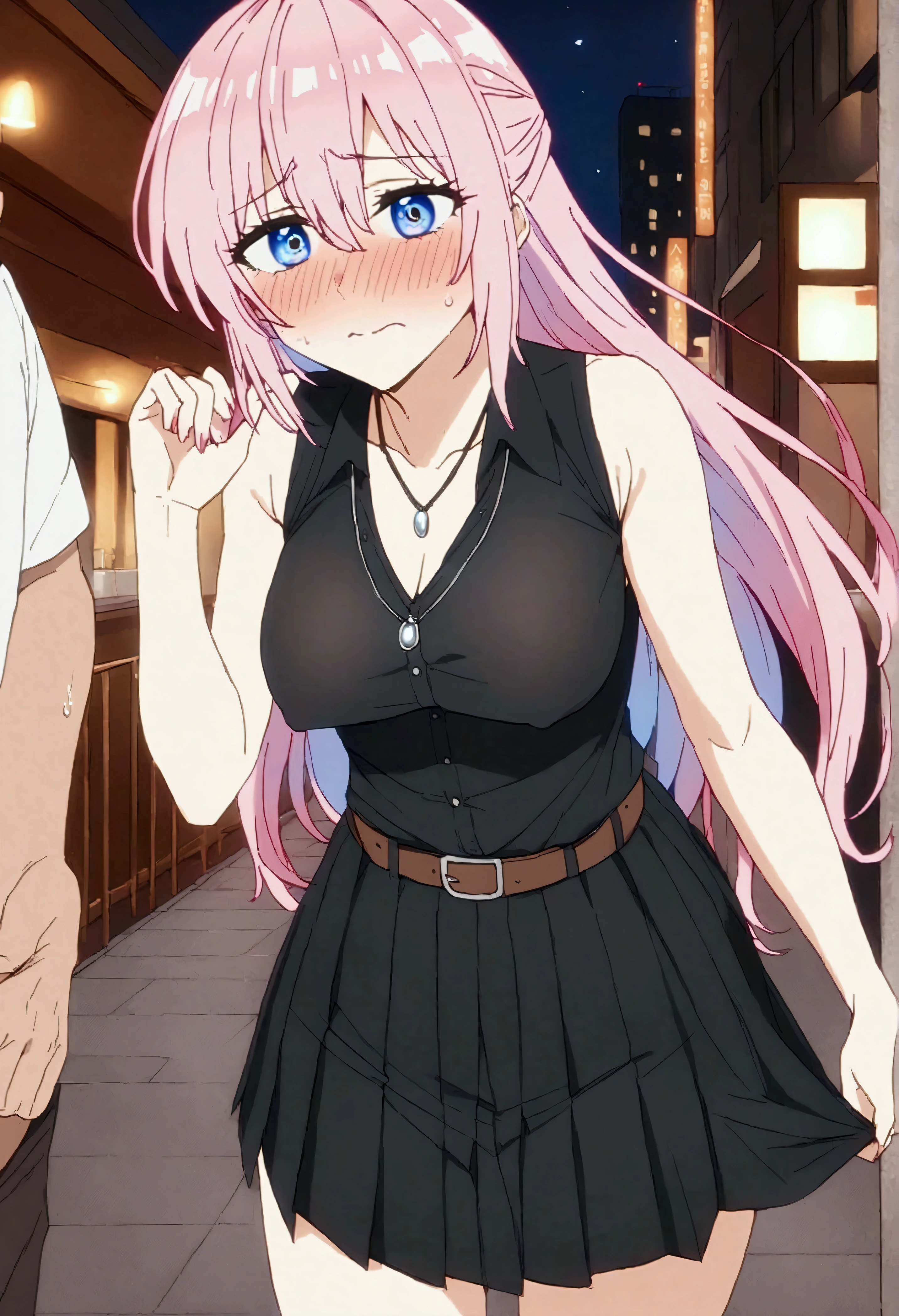 NSFW,masterpiece,Highest quality,High resolution,Very detailed,Shikimori-san\(可愛いだけじゃないShikimori-san\),Pink Hair、Long Hair、blue eyes、Hair between the eyes、bangs,Embarrassed,blush,Knit tops,Sleeveless,Pleated skirt,belt,necklace,Heeled Sandals,Nightlife,Hotel district,Picking Up Girls,(Bad looking middle-aged man)