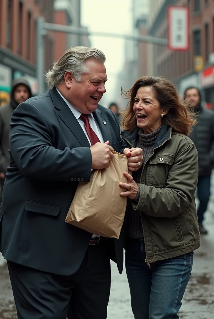 image of Doug Ford mayor of Toronto stealing food from a homeless woman. Toronto in the background. Doug Ford is obese. the homeless woman looks angry and is fighting to get her food back. she is pulling at the bag of groceries that Doug Ford is holding. Doug Ford has light grey-blonde hair that is slicked back and he is wearing a mayor suit. The homeless woman is wearing torn clothes and she looks dirty.