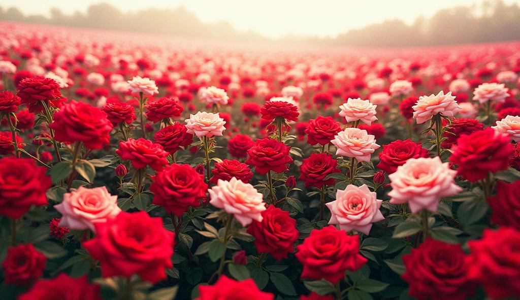 thousands of red white roses on the ground