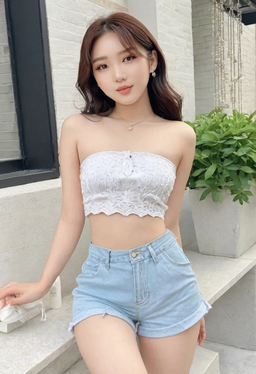 ((Best resolution)), ((high quality:1.2)), Work of art, 8k, extremely detailed, ((High detail:1.2)), (Hotlexi woman), Solo, Korean Ulzzang female, (mini-shorts, crop strapless),