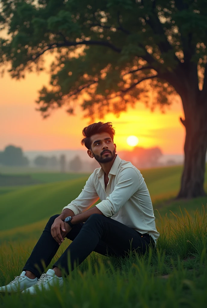  Indian handsome cute boy wearing white shirts black jeans,white shoes is sitting under the tree with head up And he is very sad.the background is lush green field and sunsets.ultra realistic picture