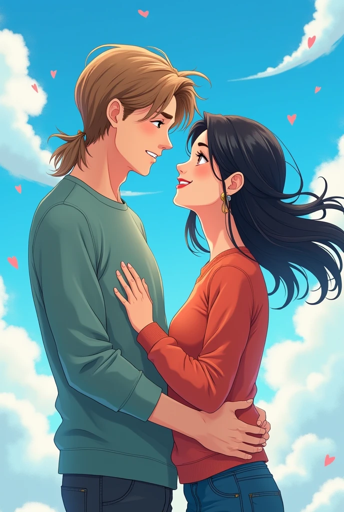 masterpiece, anime, kawaii, cute, romantic, best quality, 2others, couple, , adult, height difference, different fashion, different color, casual clothes, long sleeves, smile, happy, love, swirling wind, blue sky, man with long hair, man with light brown hair, woman with black hair, woman with black hair