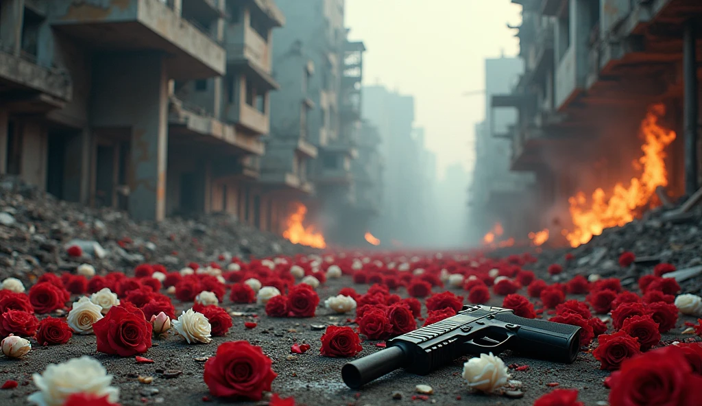 2024; (masterpiece, best quality) destroyed city thousands of red white roses on the ground(Rio de Janeiro); flowers on the ground; 1firearm Down(close-up); bombs falling from the sky.; fire around.