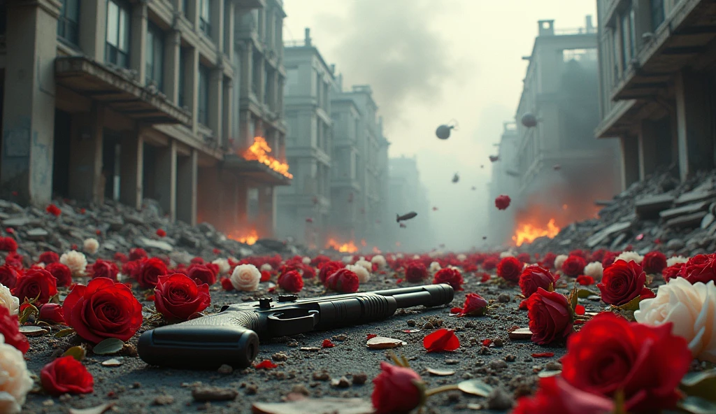 2024; (masterpiece, best quality) destroyed city thousands of red white roses on the ground(Rio de Janeiro); flowers on the ground; 1firearm Down(close-up); bombs falling from the sky.; fire around.