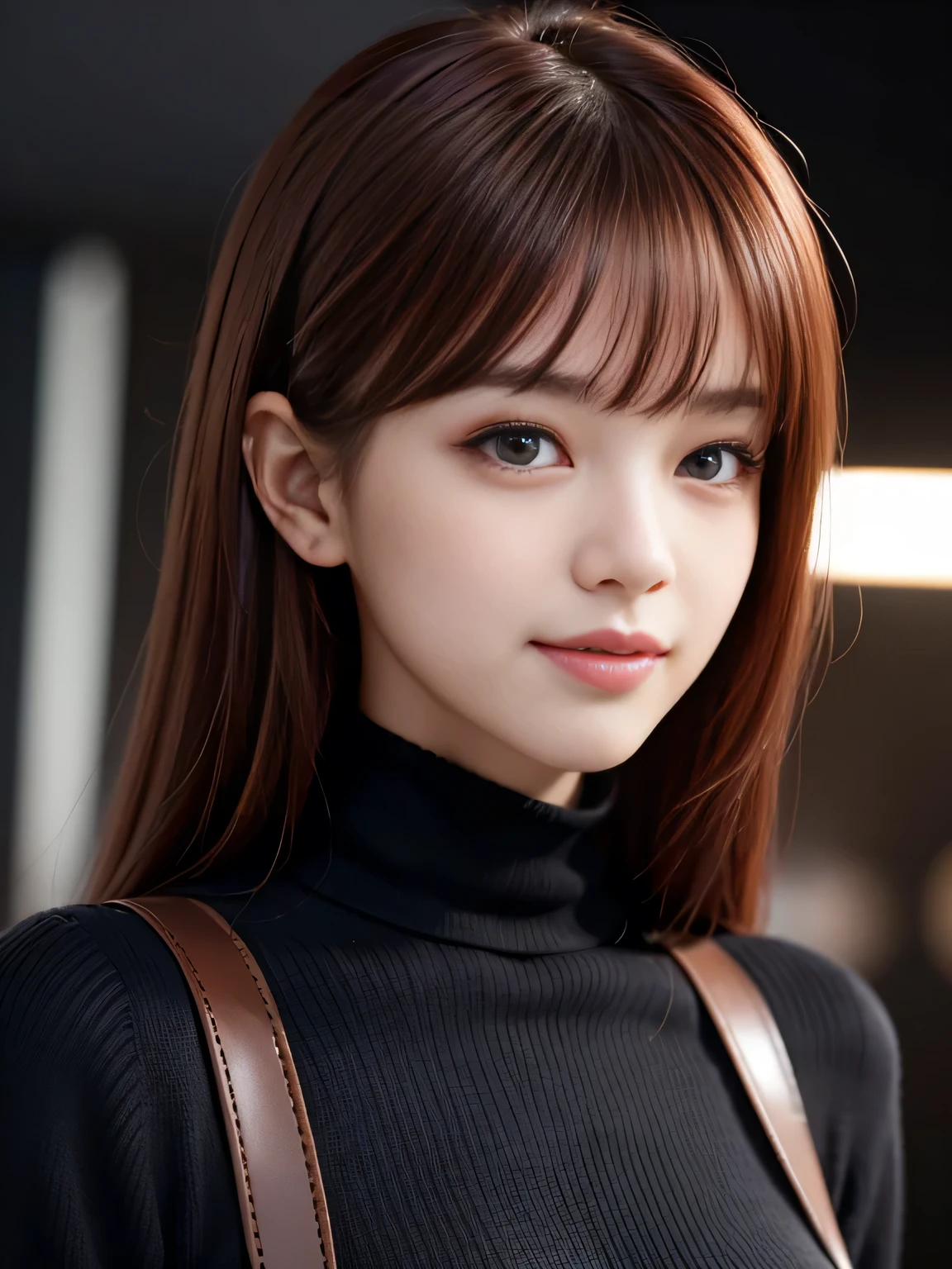 masterpiece, best quality, ultra-detailed, intricately detailed hyperdetailed, realistic, sharp features, highly detailed, sharp focus, Cute Japanese, young adult, perfect face, perfect face, perfect symmetrically perfect eyes, perfect full lips, flexible female form, hyper detailed, hyper realistic, high resolution, vibrant, dynamic studio lighting, Moody Lighting, Underexpose Lighting, ((Dark background)), (discret smile), Red hair, asymmetrical hair, asymmetrical bangs, brown Eyes, black sweater, cowboy shot, 