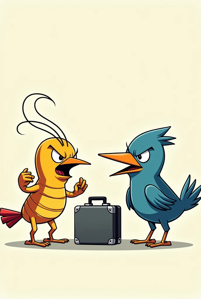 Angry yellow shrimp blue bird with suitcase