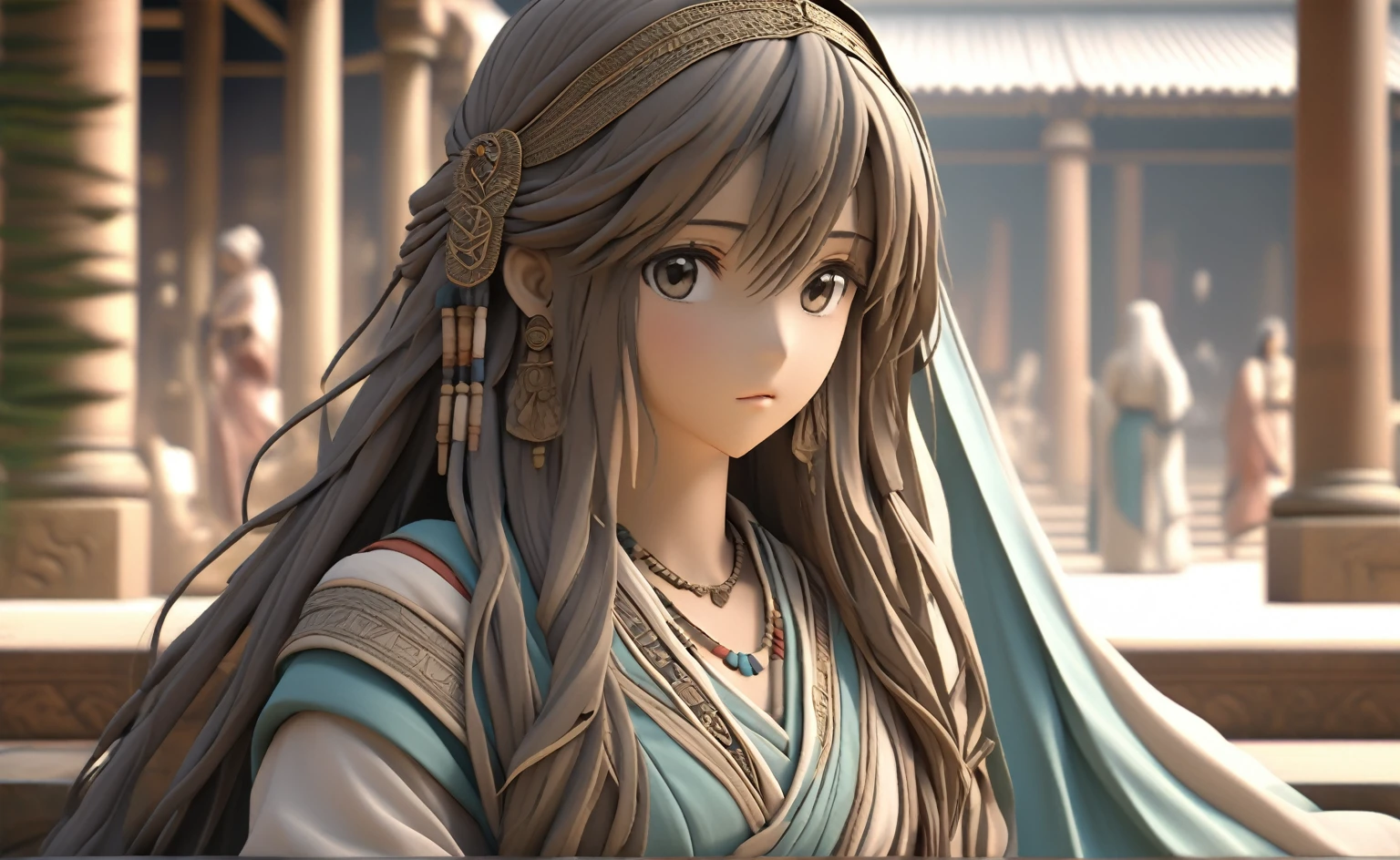 A poor woman sat on a cloths store,face and eyes on right side, beautifully dressed, in ancient times, 3D, realistic anime character, extremely detailed face and eyes, long flowing hair, intricate details, photorealistic, cinematic lighting, muted color palette, dramatic shadows, high quality, masterpiece, 