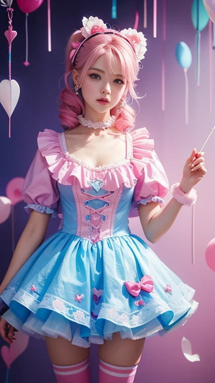 a woman in a pink and blue outfit holding a lollipop, trending on cgsociety, fantasy art, y 2 k cutecore clowncore, sexy gaze, recusion beeple, little bo peep