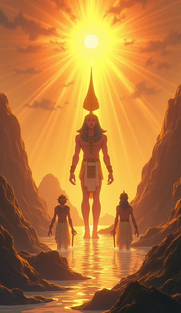 Create a detailed cartoon photo-realistic image of an Egyptian mythological landscape at the moment of creation. The scene should depict a vast, primordial void gradually giving way to the emergence of land and life. In the center, show the god Atum emerging from the primordial waters, symbolizing the beginning of creation. Surrounding this central figure, illustrate the formation of the earth with rolling dunes, early vegetation, and the separation of sky and water. Include symbolic elements such as the god Shu separating the sky from the earth and Tefnut as a goddess of moisture. Use warm, golden tones to reflect the divine nature of creation, and ensure the scene is rendered with high-quality details and vibrant colors, avoiding any distortions or blurring