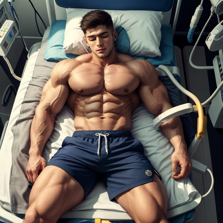 a very handsome young man, eyes closed, Shirtless, purple shorts, Lying on a hospital gurney, seen from above, in a black background