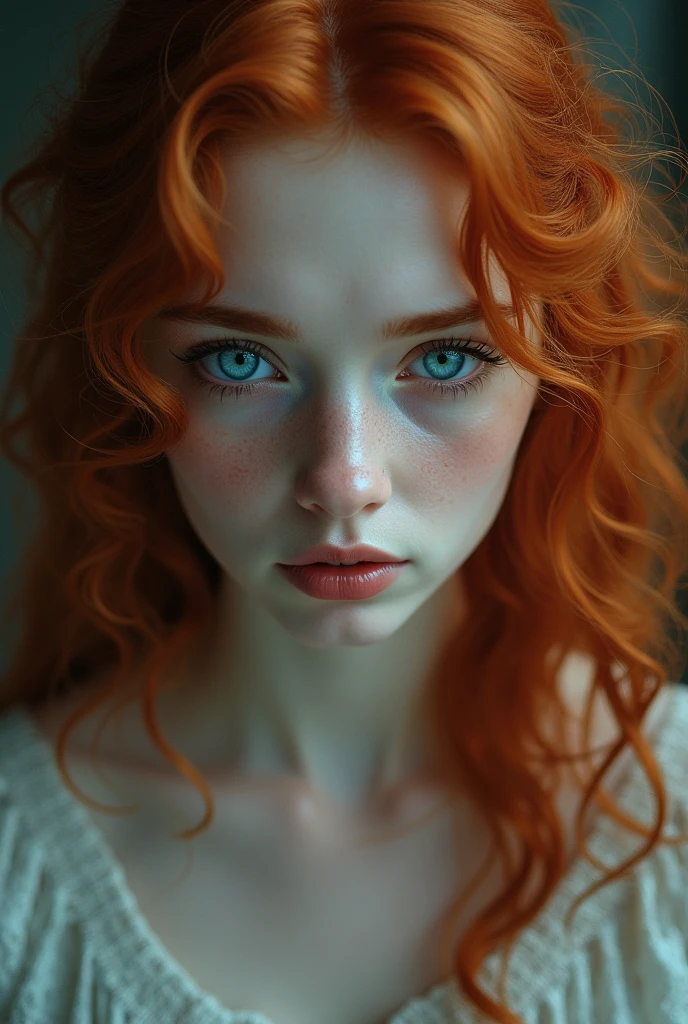 Create a beautiful redhead woman with blue eyes crying