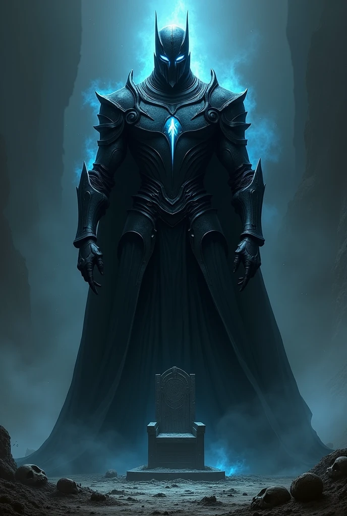 I would like a strong man fully covered in black knight armor, with a helmet that has slits emitting a faint blue glow. The gaps in the armor also emit a blue glow. The hands of the armor have fingers that resemble claws, and there is a dark aura around him, exuding a great sense of superiority. He will be the god of darkness. I would like a throne behind him and a completely dark place with skulls on the ground. I would like it to be in a mature style, with the art in a fantasy and RPG style set in the Old West.