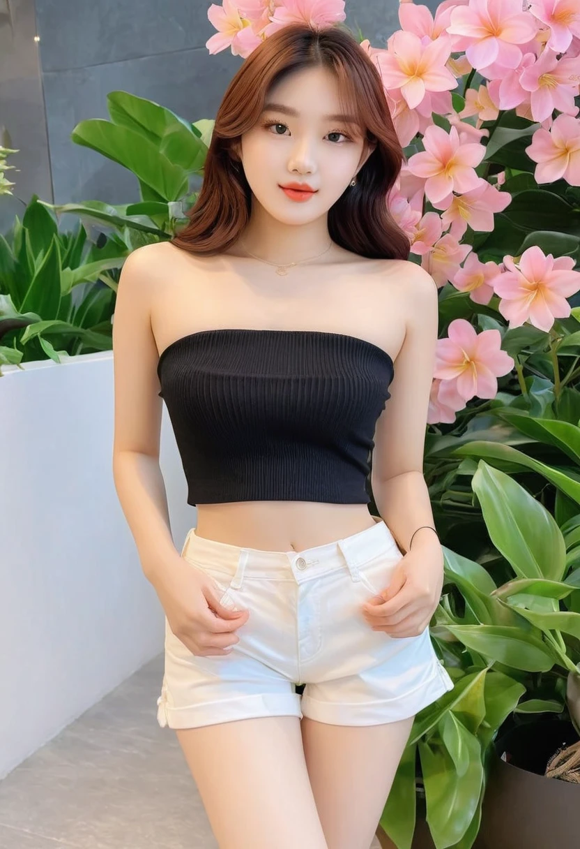 ((Best resolution)), ((high quality:1.2)), Work of art, 8k, extremely detailed, ((High detail:1.2)), (Hotlexi woman), Solo, Korean Ulzzang female, (mini-shorts, crop strapless),