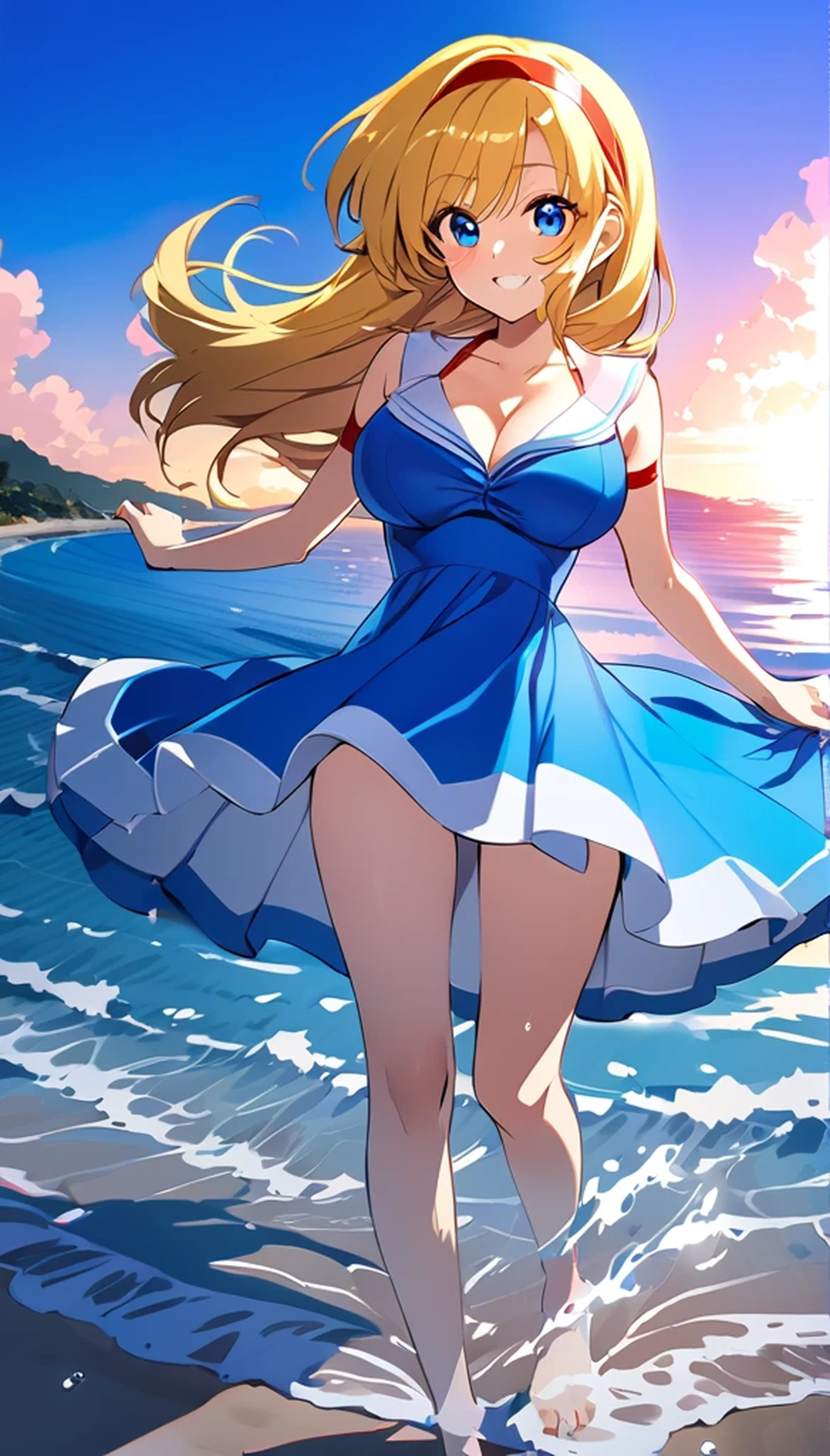 (Anime artwork, Anime Style, Studio Anime, Very detailed, up to date, Vibrant, Anime Coloring Book, High Contrast, masterpiece:1.2, Highest quality, Best aesthetics),((kisaragi honey:1.4)), (blonde hair:1.1), summer dress, (hair band, red), BREAK score_9, score_8_up, score_7_up, source_anime, best quality, (blue eyes:1.1), (She walked along the beach in the sunset, her bare feet touching the water, the closest she came to seeing that smile:1.1), (cinematic angle:1.1),