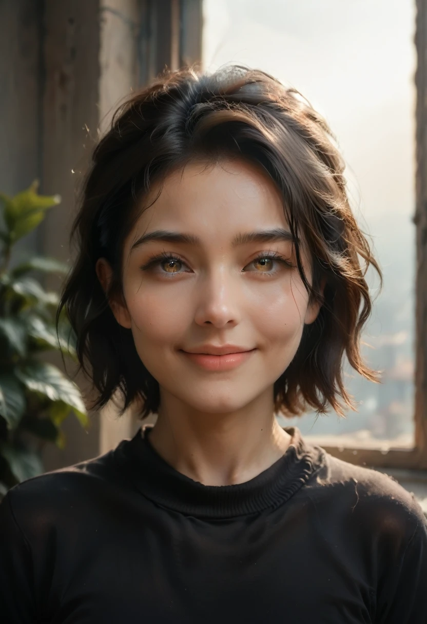 Best quality, Сверхa high resolution, (photorealistic:1.4),sunset light, Ponytail, Korean women, Detail photo, smiling, sexual, black shirt, front camera, Close-up (masterpiece: 1.3), (8 K, photorealistic, Best quality: 1.4), (1 girl), Beautiful face, (realistic face), (black hair, short hair: 1.3), pretty haircut, Realistic eyes, beautiful detailed eyes, (Realistic skin), beautiful skin, (sweater), absurd, attractive, Сверхa high resolution, ultra realistic, a high resolution, Golden ratio, Renaissance