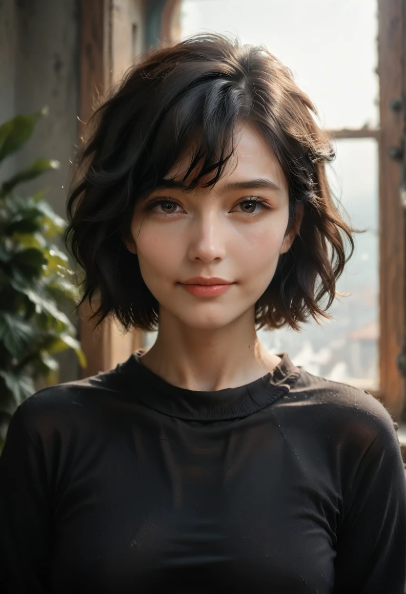 Best quality, Сверхa high resolution, (photorealistic:1.4),sunset light, Ponytail, Korean women, Detail photo, smiling, sexual, black shirt, front camera, Close-up (masterpiece: 1.3), (8 K, photorealistic, Best quality: 1.4), (1 girl), Beautiful face, (realistic face), (black hair, short hair: 1.3), pretty haircut, Realistic eyes, beautiful detailed eyes, (Realistic skin), beautiful skin, (sweater), absurd, attractive, Сверхa high resolution, ultra realistic, a high resolution, Golden ratio, Renaissance