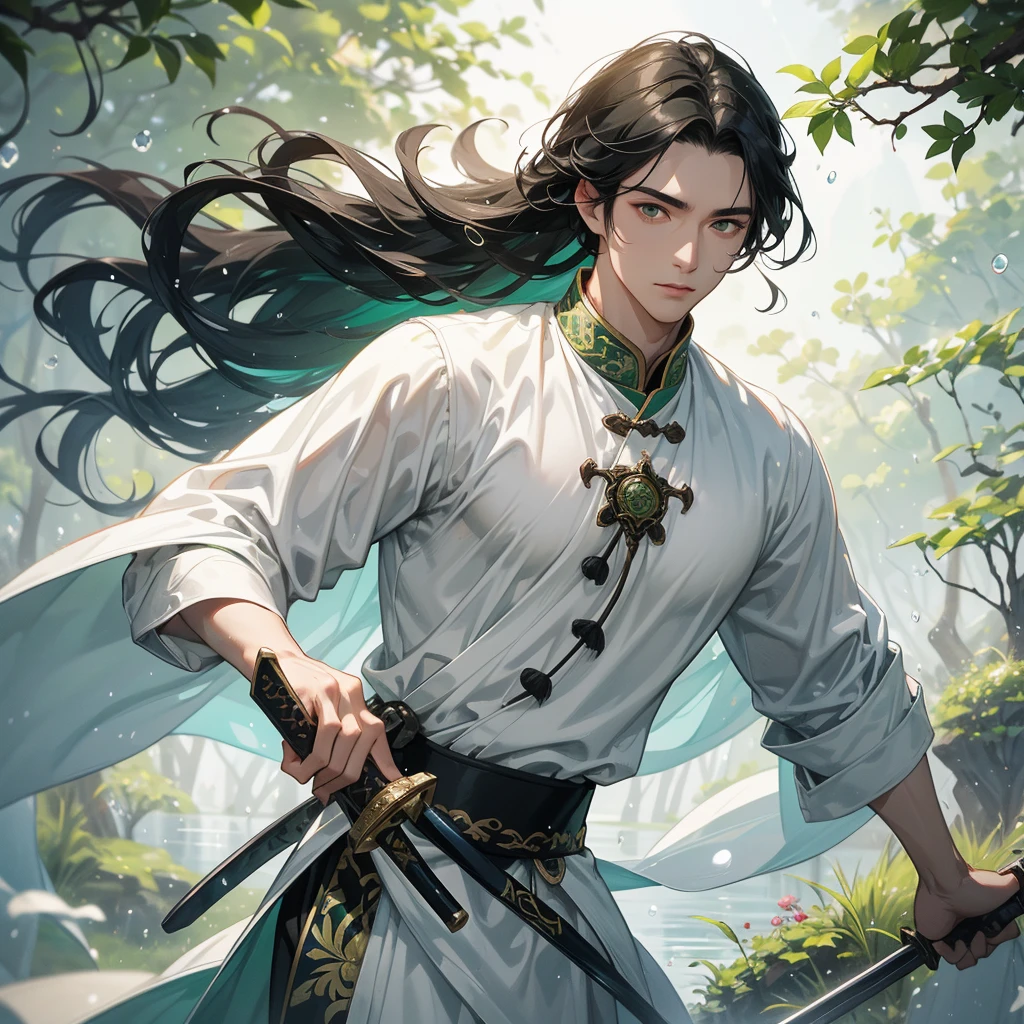 A Handsome black-hair male holding a large sword in white ancient chinese costume, Background is trees, vegetables, lush green, with water drops after rain, with water droplets everywhere, green, close up.