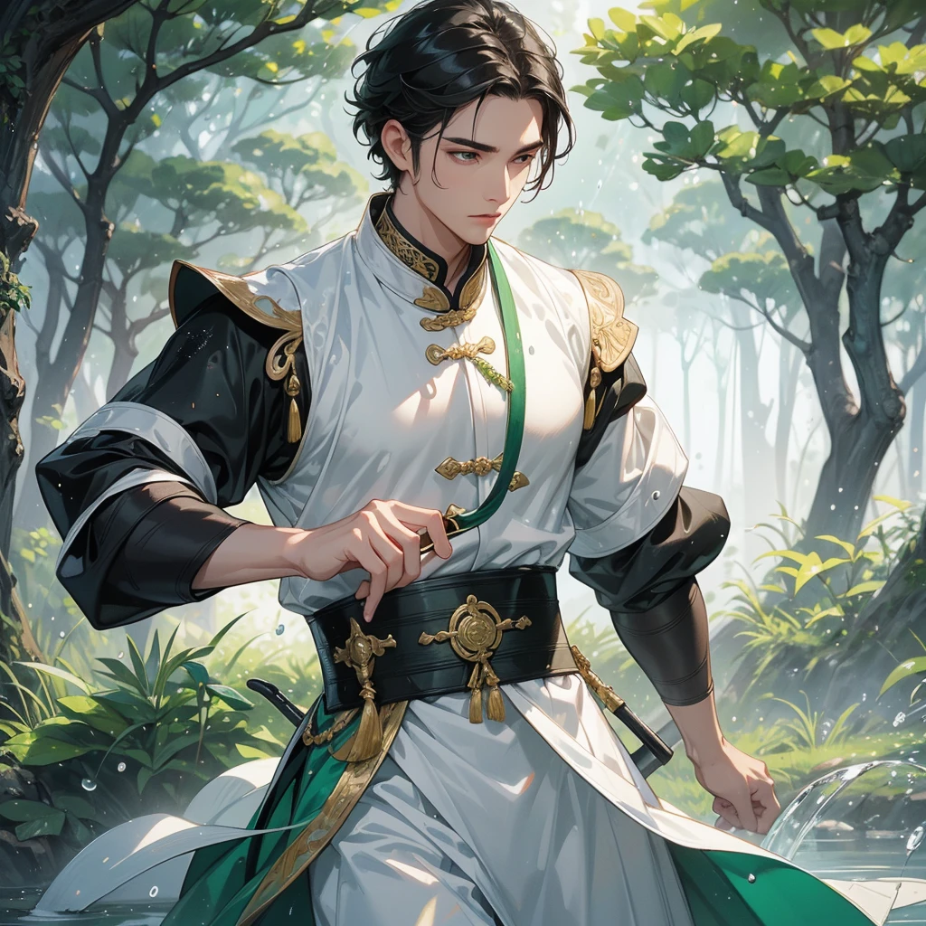 A Handsome black-hair male holding a large sword in white ancient chinese costume, Background is trees, vegetables, lush green, with water drops after rain, with water droplets everywhere, green, close up.