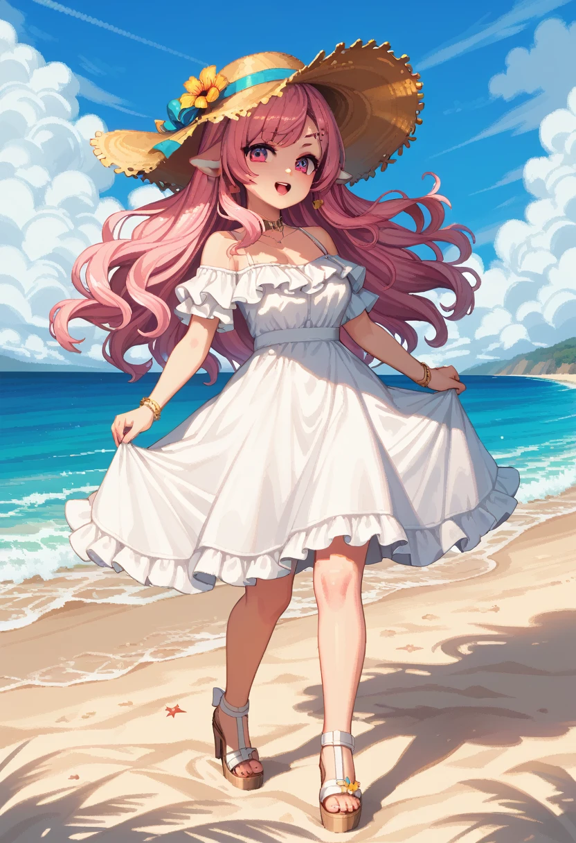 masterpiece, Highest quality, 8k, \(Beautiful pixel art, Vivid, Highest quality\), \((One person)), A sheep next to me, (young woman, Open your mouth, Fluffy hair, Long Hair, Hair like sheep's hair, Pink Hair, eyebrow, 太いeyebrow, White dress, Straw hat, High heel sandals\), (Highest quality:1.0), (\Seaside, Walking on the beach, evening\)