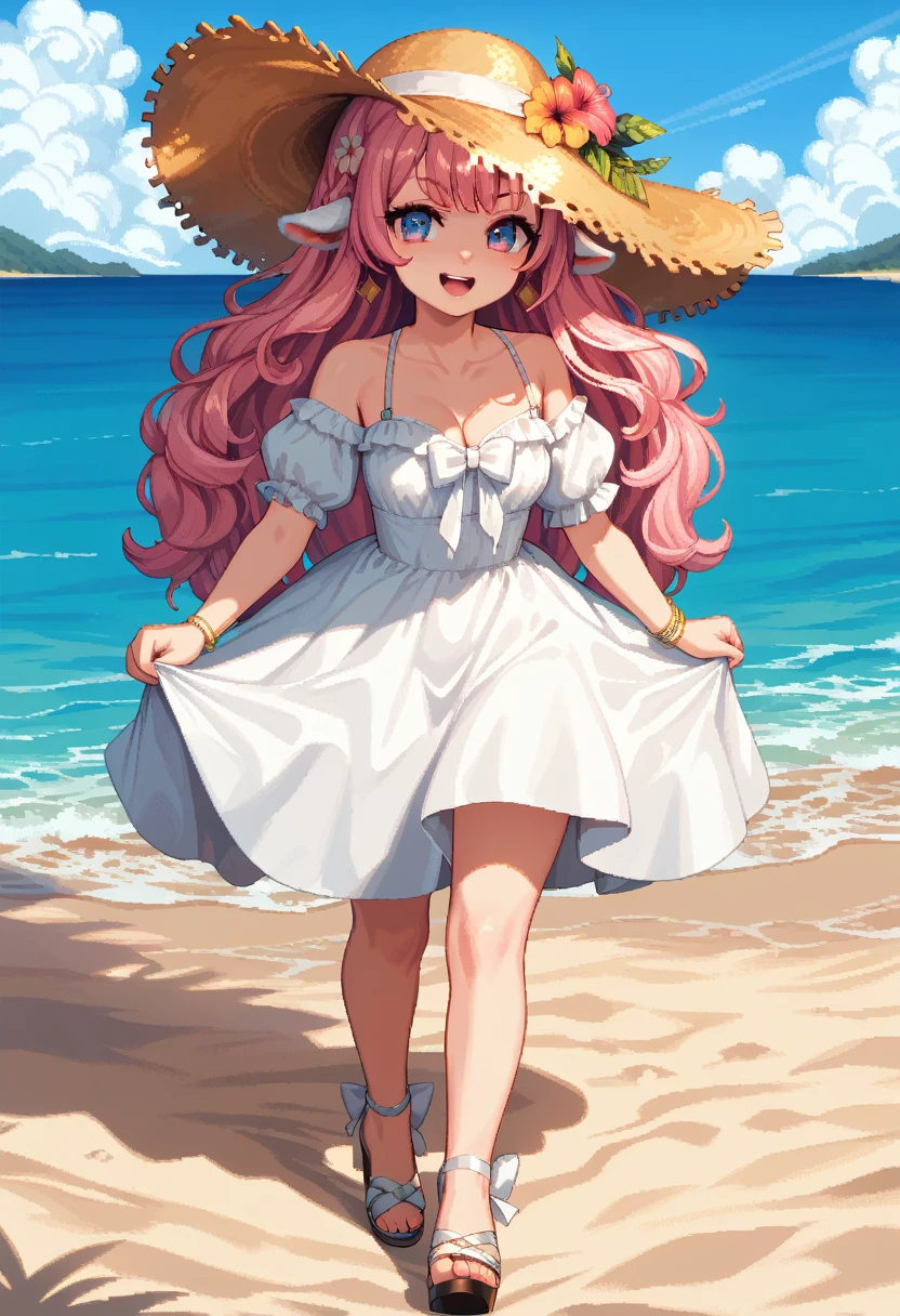 masterpiece, Highest quality, 8k, \(Beautiful pixel art, Vivid, Highest quality\), \((One person)), A sheep next to me, (young woman, Open your mouth, Fluffy hair, Long Hair, Hair like sheep's hair, Pink Hair, eyebrow, 太いeyebrow, White dress, Straw hat, High heel sandals\), (Highest quality:1.0), (\Seaside, Walking on the beach, evening\)