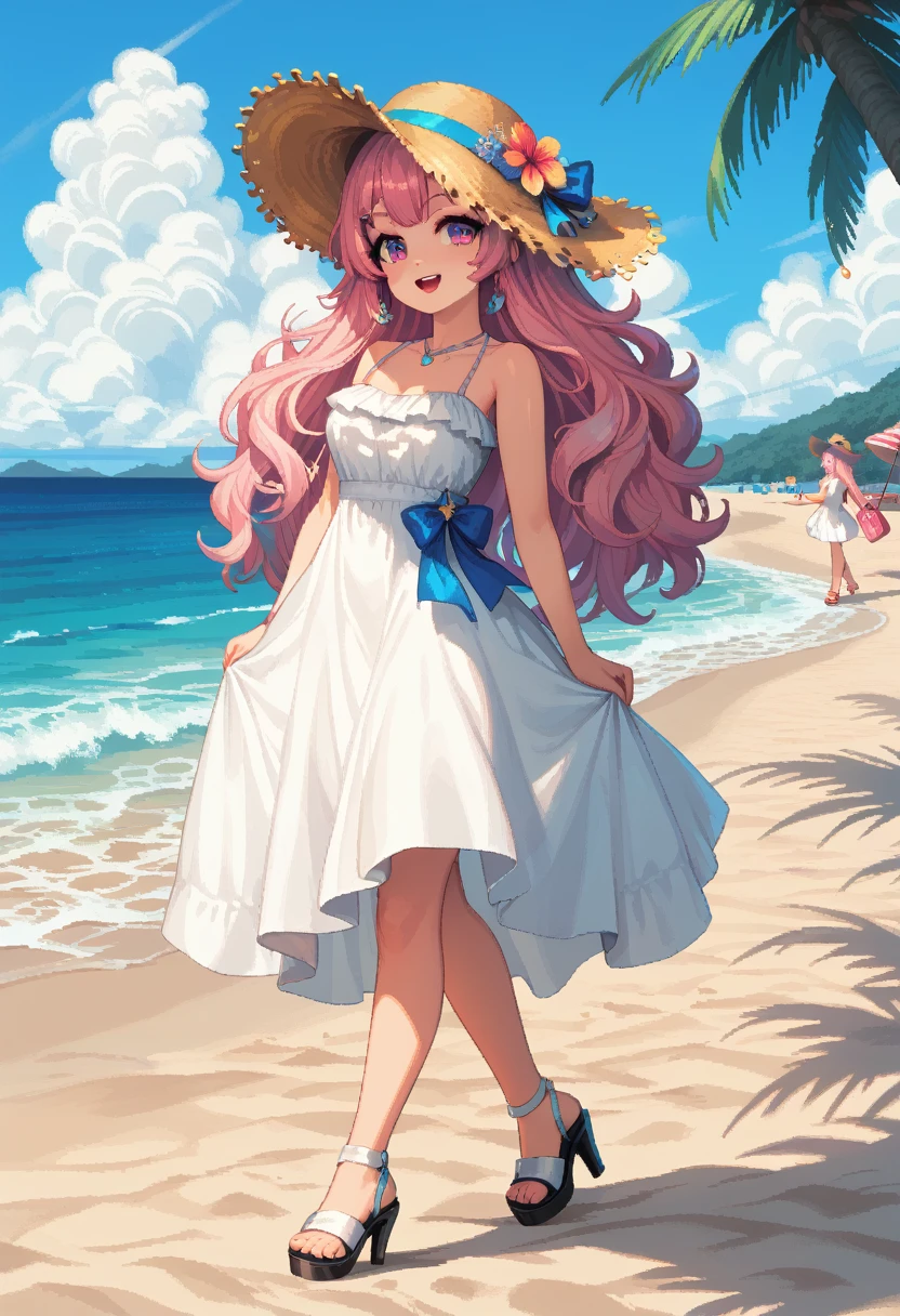masterpiece, Highest quality, 8k, \(Beautiful pixel art, Vivid, Highest quality\), \((One person)), A sheep next to me, (young woman, Open your mouth, Fluffy hair, Long Hair, Hair like sheep's hair, Pink Hair, eyebrow, 太いeyebrow, White dress, Straw hat, High heel sandals\), (Highest quality:1.0), (\Seaside, Walking on the beach, evening\)