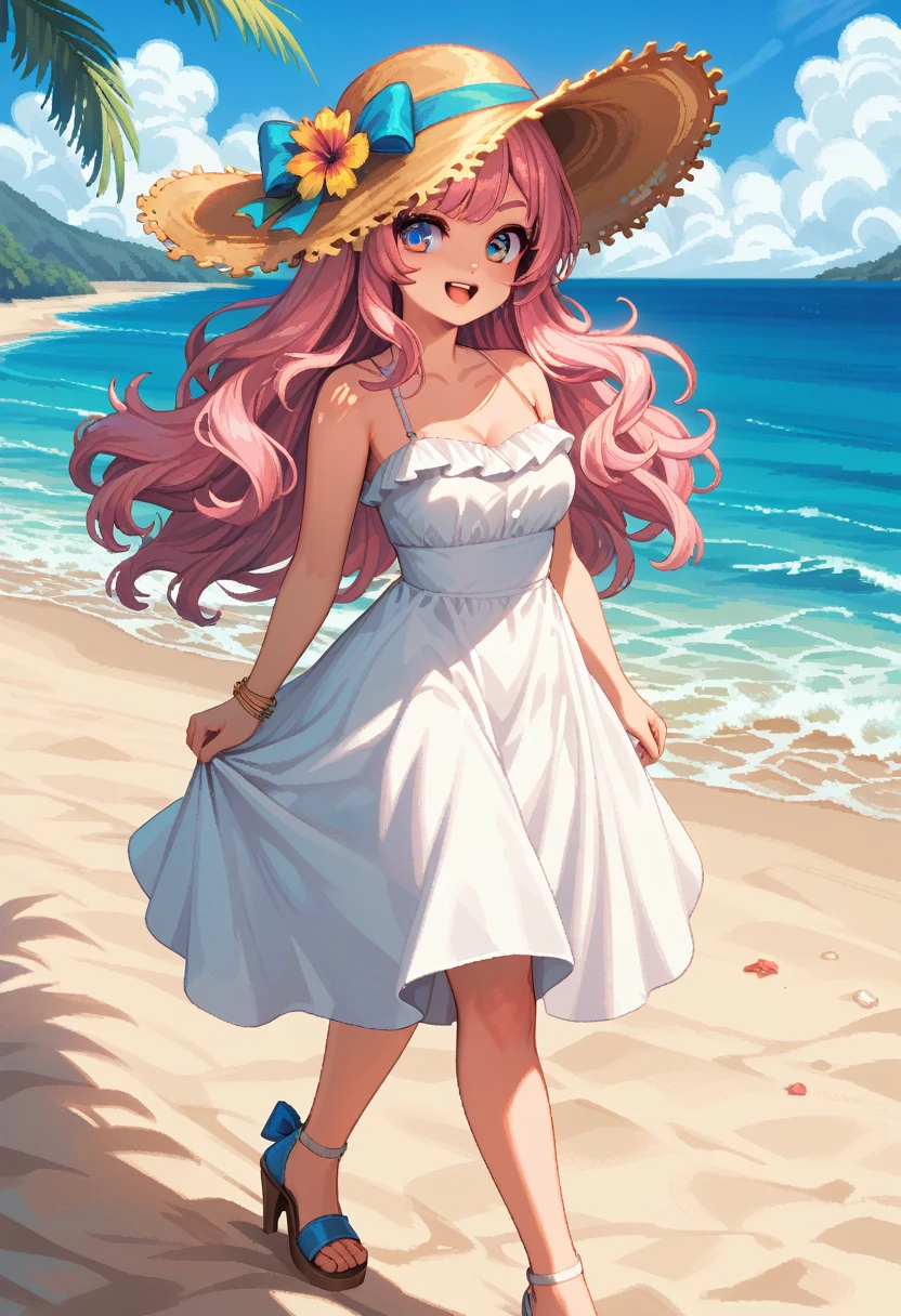 masterpiece, Highest quality, 8k, \(Beautiful pixel art, Vivid, Highest quality\), \((One person)), A sheep next to me, (young woman, Open your mouth, Fluffy hair, Long Hair, Hair like sheep's hair, Pink Hair, eyebrow, 太いeyebrow, White dress, Straw hat, High heel sandals\), (Highest quality:1.0), (\Seaside, Walking on the beach, evening\)
