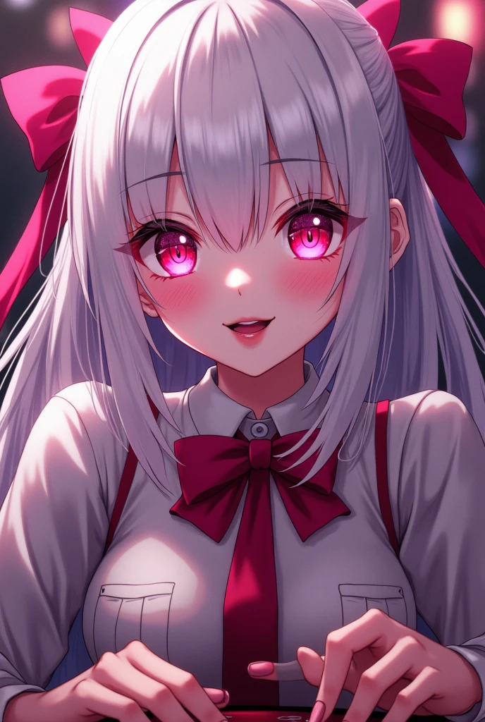 Kakegurui female character: White hair, hot pink eyes, lips and nails. Her eyes are hot pink and have big white sparkles. She also wears the usual Kakegurui school uniform. She's gambling with a smile