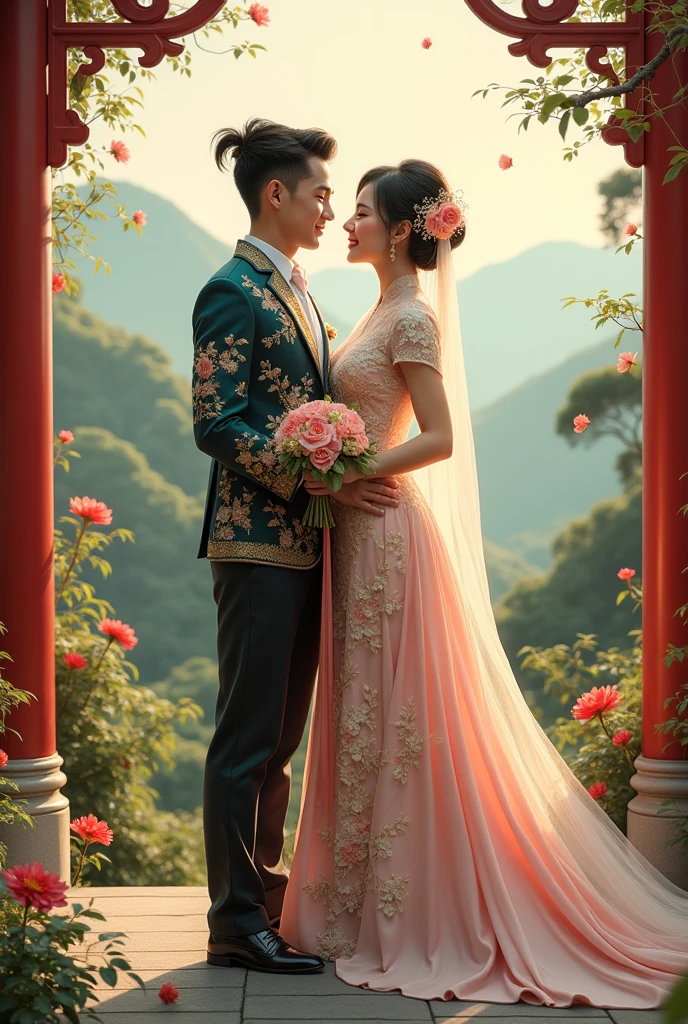 Help me draw the bride and groom of Western Vietnam