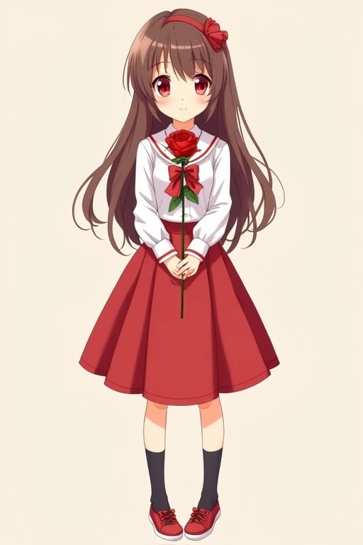 A cute anime girl with long brown hair, red eyes, wearing a pure white dress shirt with a red handkerchief-shaped ribbon, a completely red skirt, black socks, and red shoes with white areas is smiling gently and holding a single red rose in both arms, as seen from the front, with a deformed and fairly thick outline.