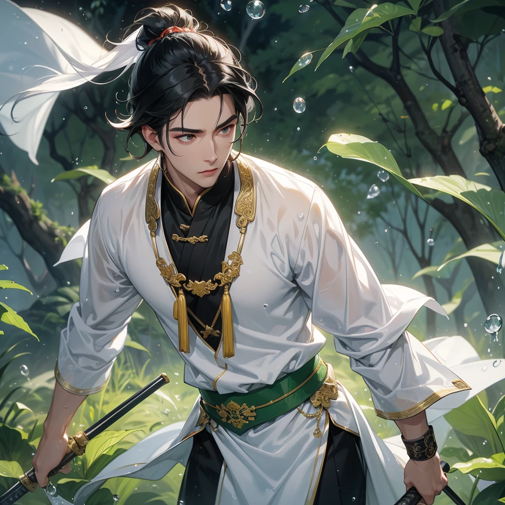 A Handsome black-hair male holding a large sword in white ancient chinese costume, Background is trees, vegetables, lush green, with water drops after rain, with water droplets everywhere, green, close up.