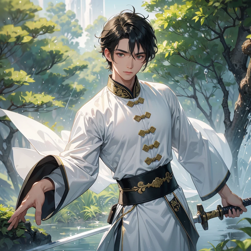 A Handsome black-hair male holding a large sword in white ancient chinese costume, Background is trees, vegetables, lush green, with water drops after rain, with water droplets everywhere, green, close up.