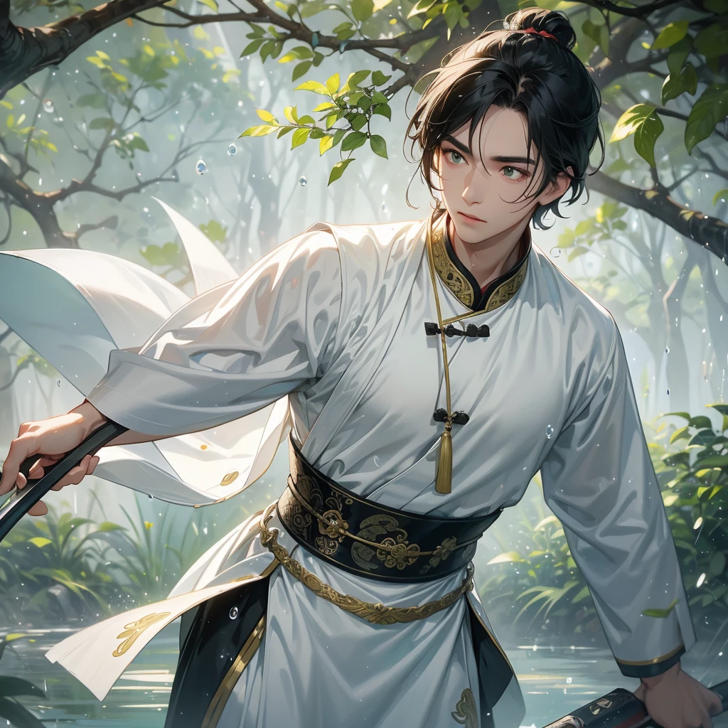A Handsome black-hair male holding a large sword in white ancient chinese costume, Background is trees, vegetables, lush green, with water drops after rain, with water droplets everywhere, green, close up.