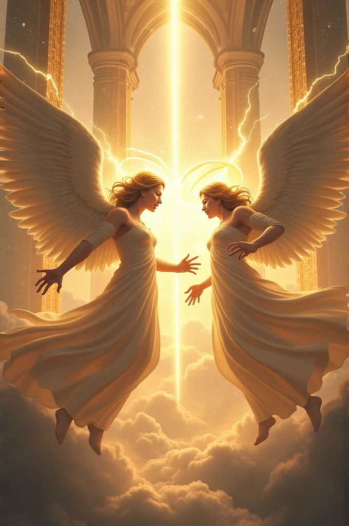 Several heavenly angels fighting each other in heaven