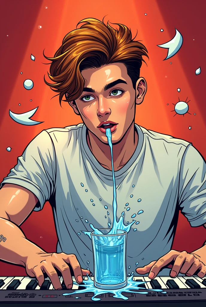 make a scene of a white boy ,chestnut hair, using a redset and with a small tattoo saying "GN9", he is in a scenario as if he was doing live, and spills a glass of water on your keyboard. do it in comic book style