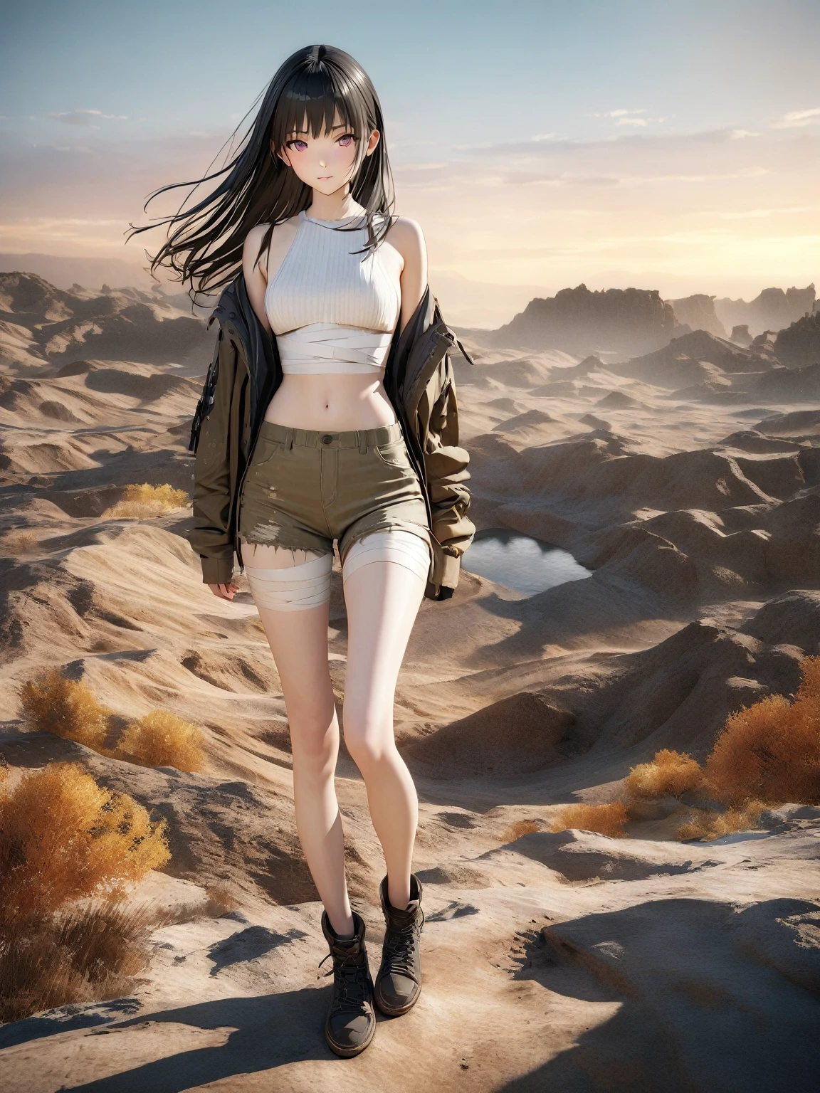DIY16,best quality, 超HD, masterpieces, 8K, Practical, Anime style, 3D Rendering,masterpiece,need,lifelike,Bare lower abdomen,Sexy,bandage,Layering,Hollow,Full body image,Feral,Khaki washed distressed shorts,Black hair,Open shoulders,Layering,Long legs,,Wasteland Punk Style,desert,The details of wind and dust are complex,,HD,Photography Lighting,16K(Pond in the evening:1.2), (8K, best quality, masterpiece:1.2), (Ultra-high resolution:1.0), Extremely bright design, Soft colors, (ink:1.3), Autumn Lights, High Detail, dramatic, photoPractical painting art