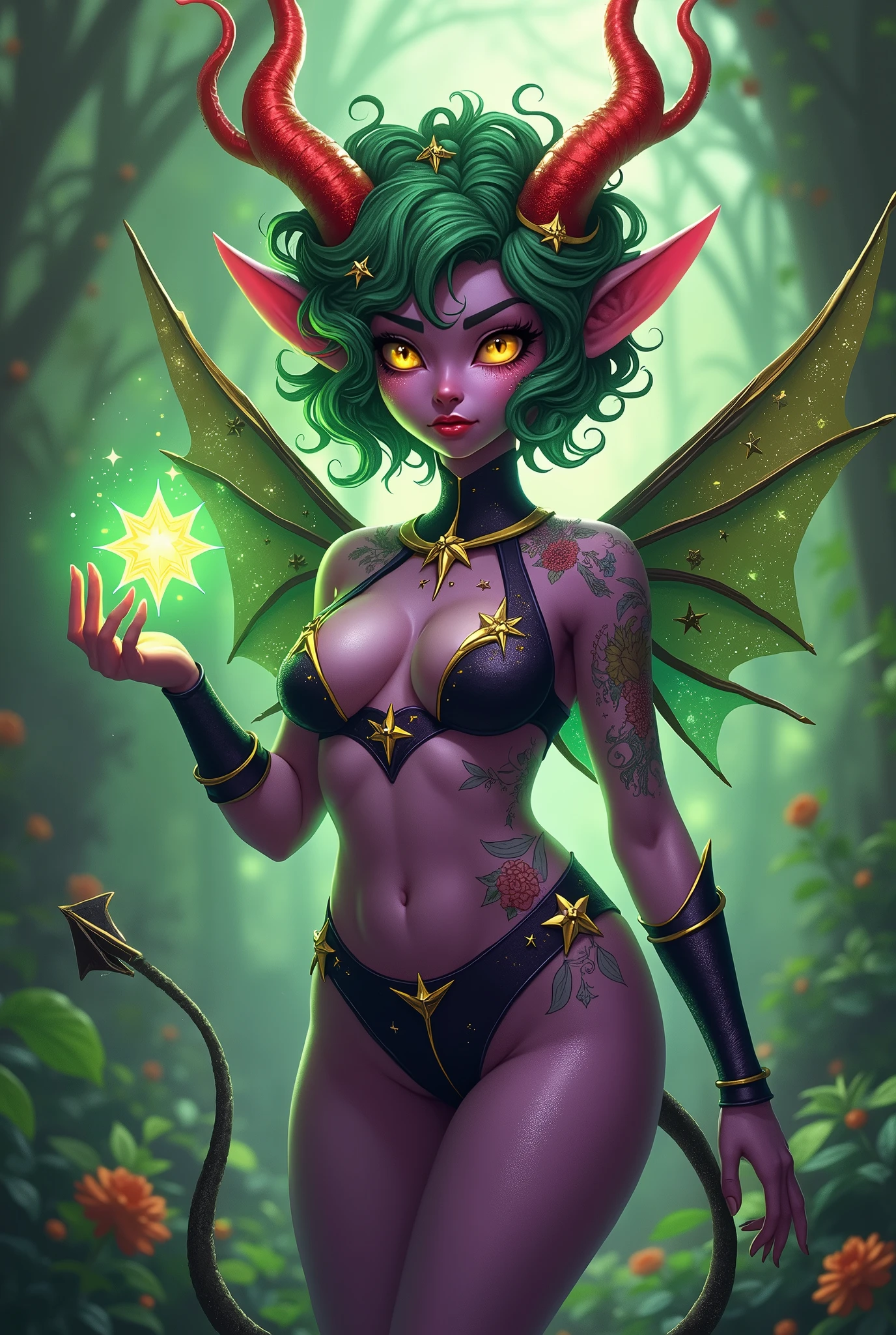 Prismatic coloration. Jungle like environment. A short young Gremlin like Plant woman with a Deep purple skin tone lit up with heavy miniscule starlike freckles & a set of B-cup breasts, bearing curvaceous hips, Slender Legs, & a round but small ass. She has short leaf green curly hair stopping at the top of her neck with various flowers growing within. She is wearing a revealing Black & Purple Bikini like armor exposing much of her chest area with Golden celestial designs & an otherworldly Tiara on her head. She has a serious face & a stern gaze in her sharp Starlike Golden Glowing eyes with black sclera & a heavy freckled form. She has long sharp translucent Crystal like Blood-Red Demonic horns radiating Floral energy & a set of elegant Elven ears. She has long Ruby red vine like tattoos running all around her body accompanied by Crimson Star-like Tattoos running along them. She has a small cute nose. She has large Crystal Golden Fairy-like wings with a starlike pattern & a long dragon-like arrow-tipped tail .She is seen in a battle stance summoning verdant green Starlight magic from her fingertips