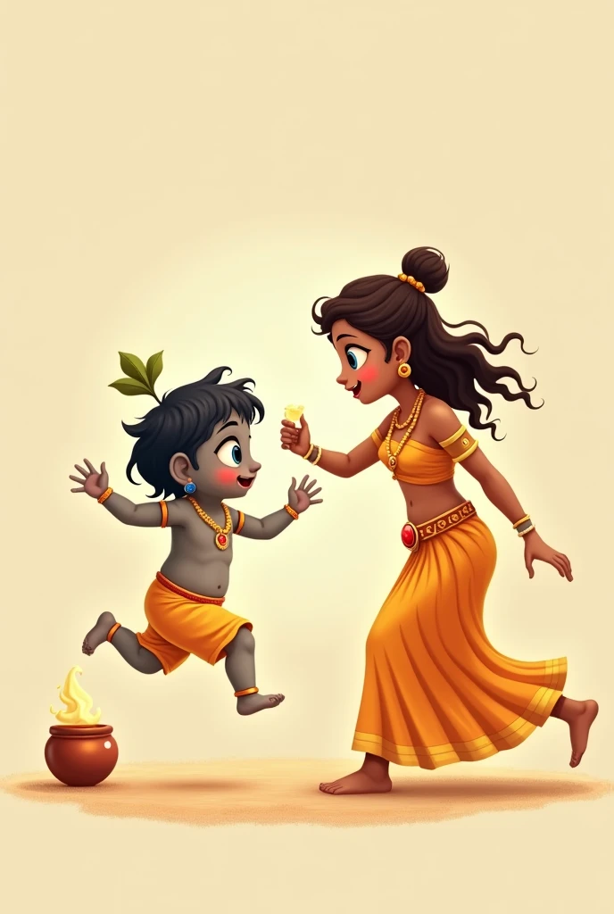Cute baby lord krishna is being mischivious there is a small clay pot of butter kept and his mother who looks like a goddess is trying to catch Krishna who is running away, on a plain background
