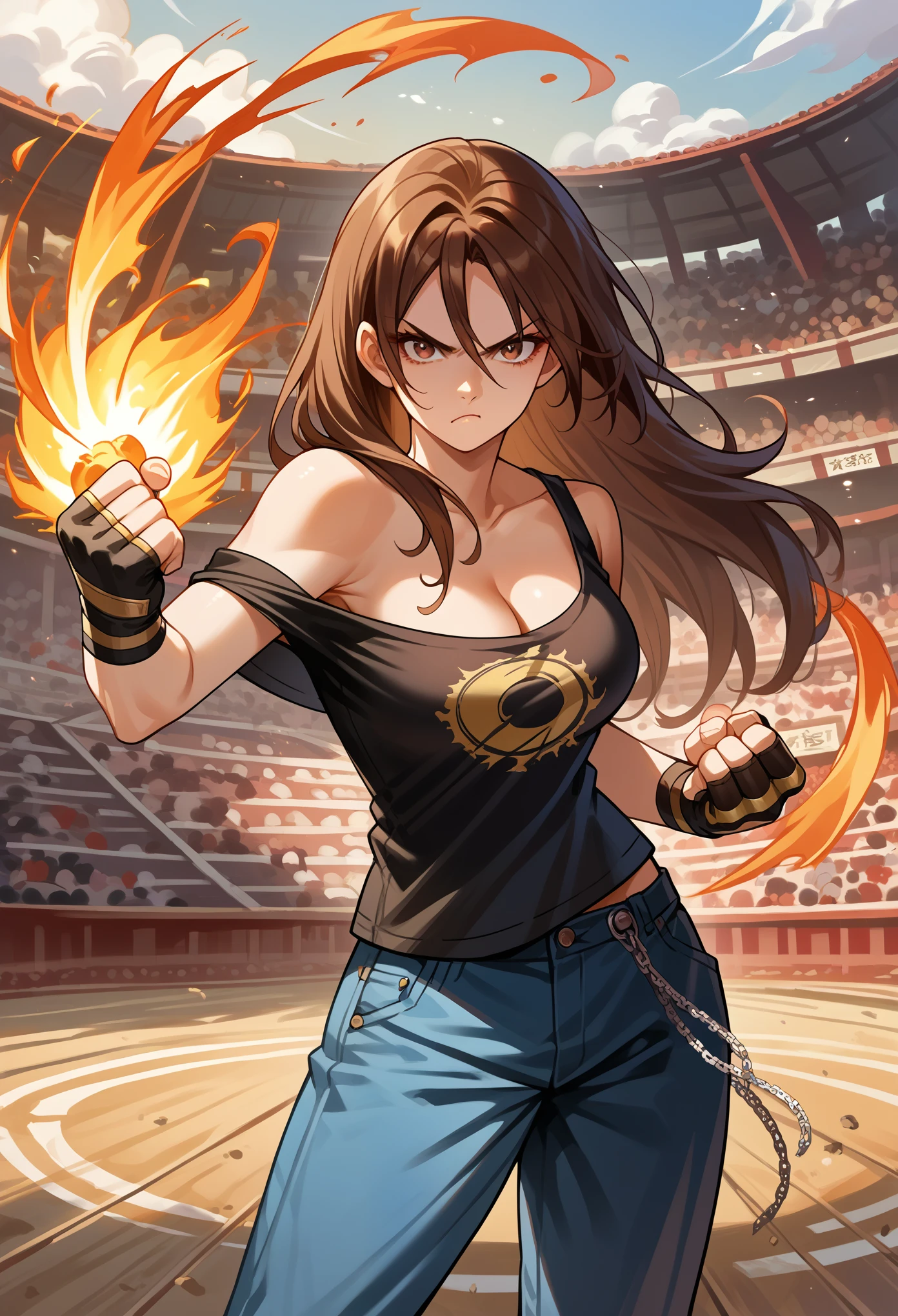 score_9, score_8_up, score_7_up, source_anime, 1girl, solo, (female:1.5), female focus, kyo_nest, brown hair, long hair, brown eyes,   black shirt, blue pants, chain, cleavage, off shoulder, sleeveless, fingerless gloves, fighting, stance, standing, pout, looking at you, coliseum