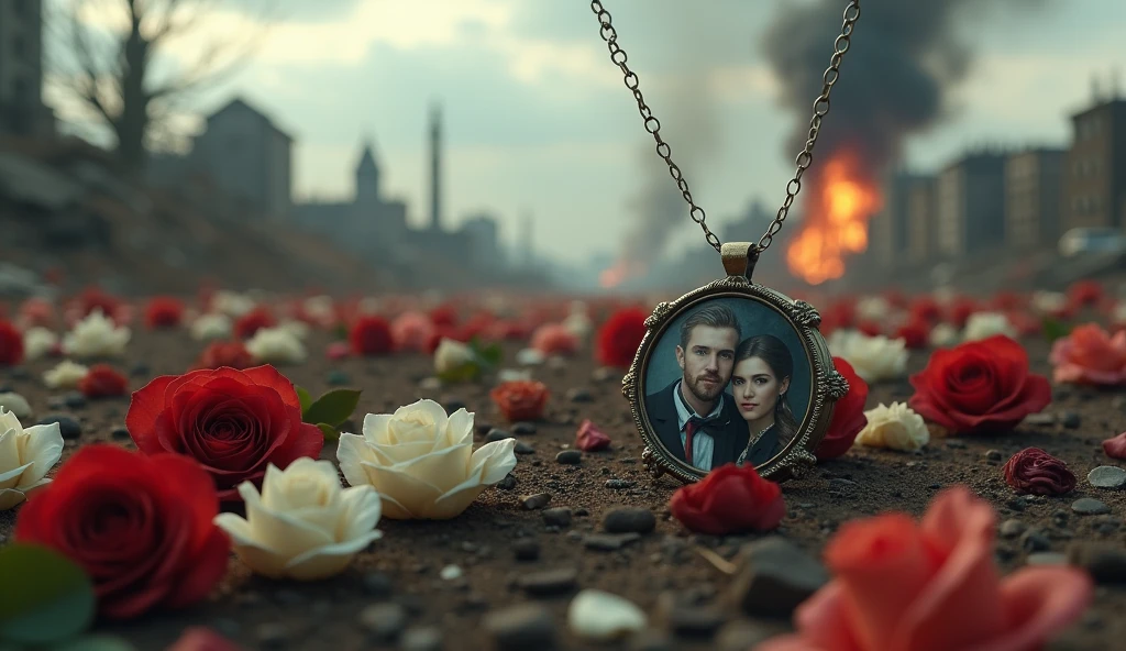 2024; (masterpiece, best quality) destroyed farms roses(((white and red roses))) on the floor; flowers on the ground; small necklace with a small photo of a couple a love heart  Down(close-up); bombs falling from the sky.; fire around.