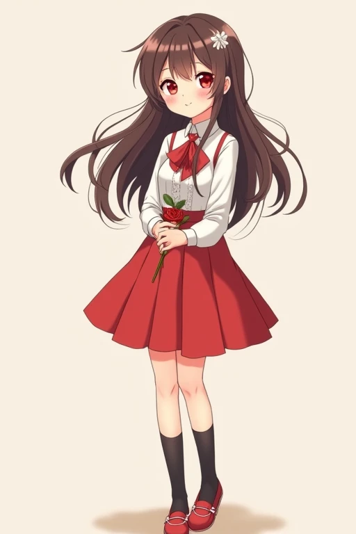 A cute anime girl with long brown hair, red eyes, wearing a pure white dress shirt with a red handkerchief-shaped ribbon, a completely red skirt, black socks, and red shoes with white areas is smiling gently and holding a single red rose in both arms, as seen from the front, with a deformed and fairly thick outline.