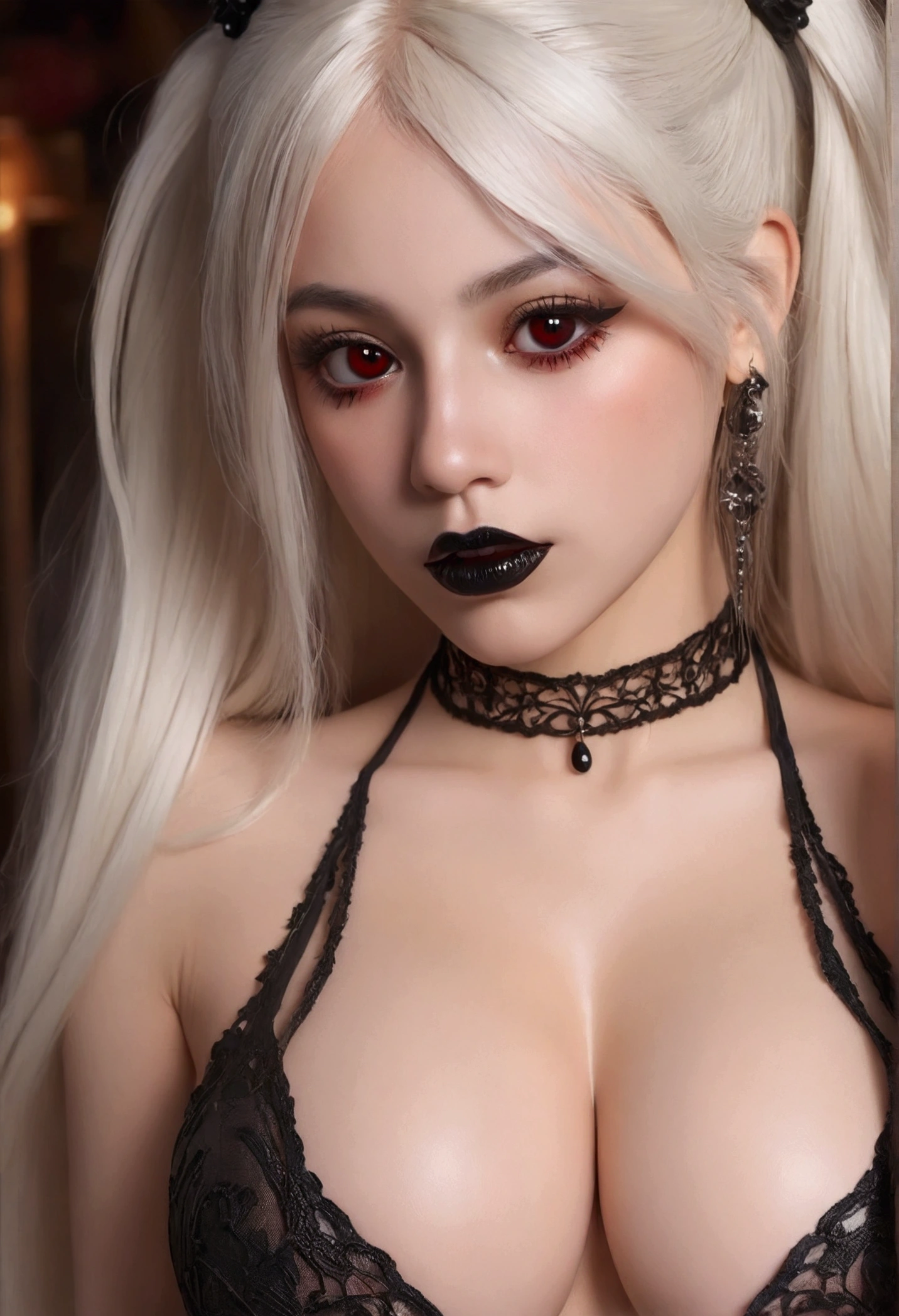 1 nude goth gym girl, long white hair, black lips, beautiful detailed red eyes, beautiful detailed lips, extremely detailed face, long eyelashes, asmr, elfa, realistic, hyper detailed, intricate details, digital painting, masterpiece, 8k, ultra-detailed, photorealistic, cinematic lighting, warm color palette, soft lighting, natural lighting, serene atmosphere, goth makeup, big oiled breasts, high heels, ripped black stockings, thick thighs, wide hips, slim body, showing ass, big round ass, looking at camera