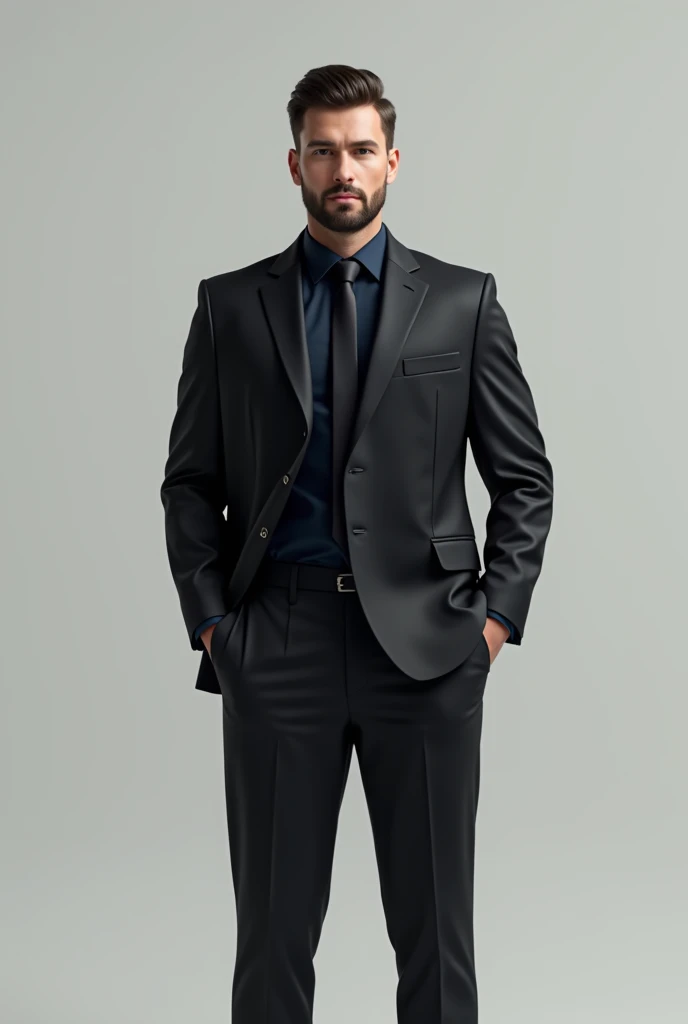 Man standing in black closed suit with navy blue undershirt and black tie