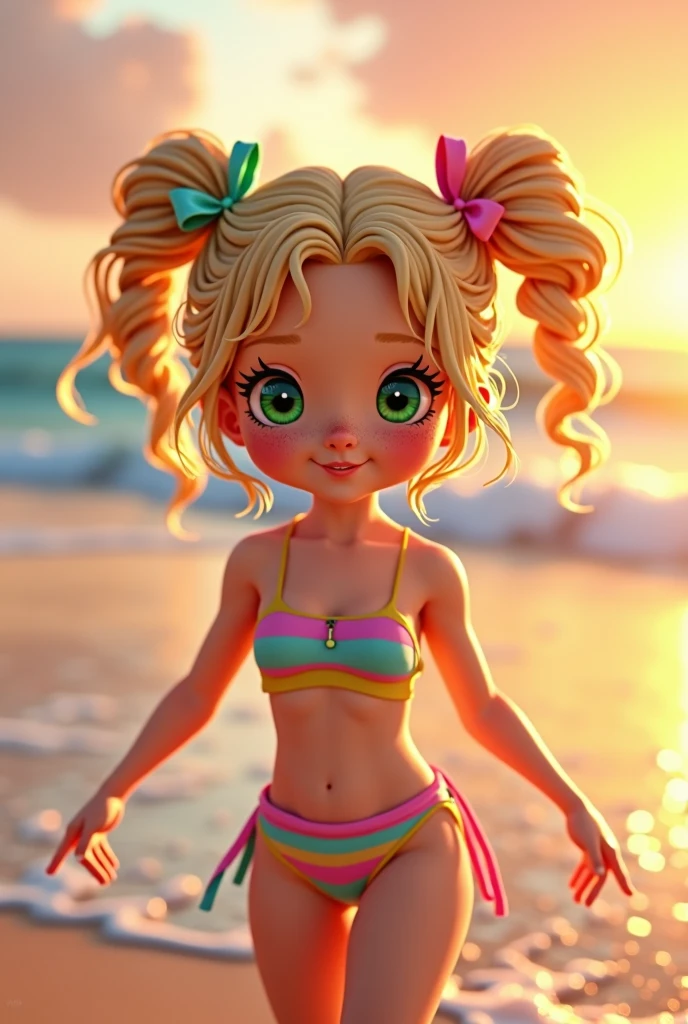 ..a girl with golden blonde hair, white skin, with freckles on her face, a snub nose and large emerald green eyes, curly hair, which she wears in two long pigtails tied with ribbons on each side of her head. She wears a bikini, playing on the beach, sunset.