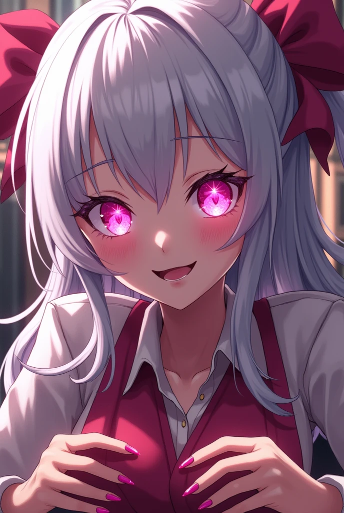 Kakegurui female character: White hair, hot pink eyes, lips and nails. Her eyes are hot pink and have big white sparkles. She also wears the usual Kakegurui school uniform. She's gambling with a smile