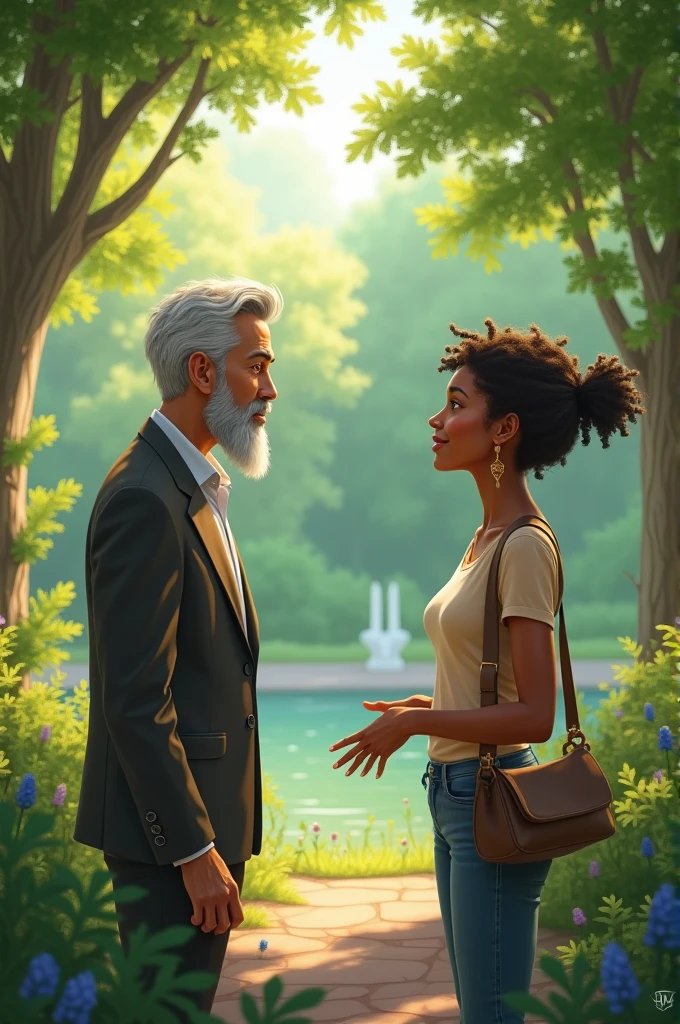 Two people of diverse backgrounds sharing a respectful and thoughtful discussion at a park, surrounded by nature