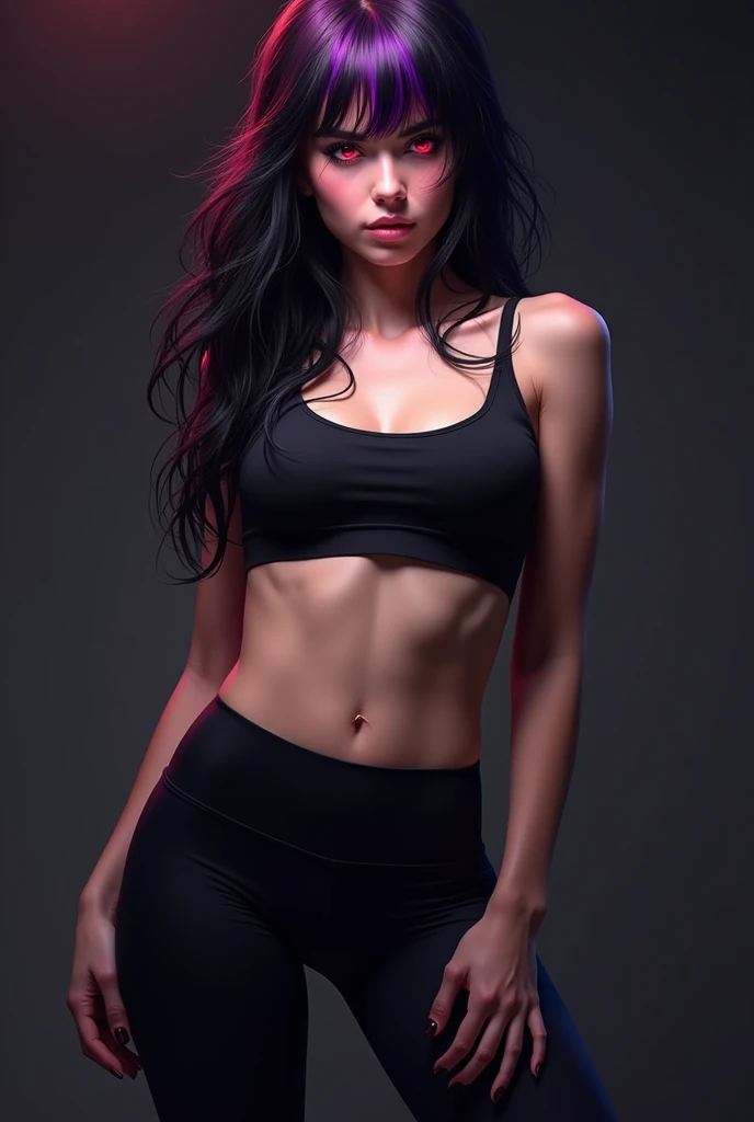 twenty year old woman,long black wavy hair,purple fringe,Eyes red,black leagwear. 