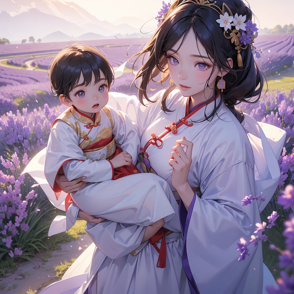 A one-year-old baby boy in an white ancient Chinese baby costume with his beautiful mother, dressed in an ancient Chinese costume, Stroll among the purple lavender fields , There are some floating clouds, playing with each other, with his handsome father standing next to his mother, close up.