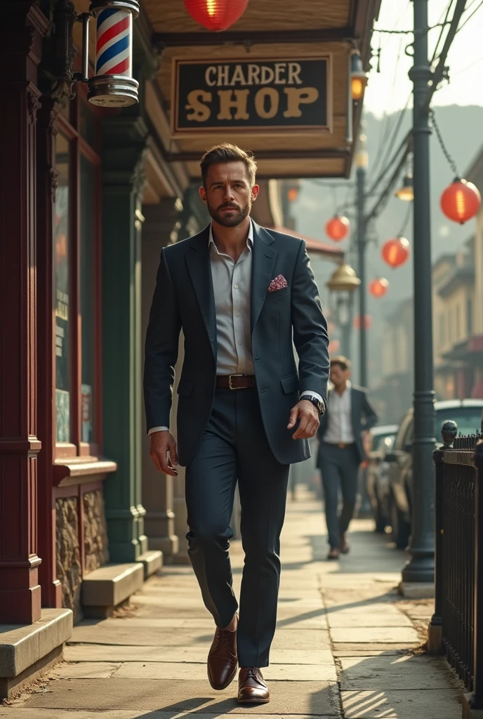man calmly arriving at a barber shop to be seen at the scheduled time