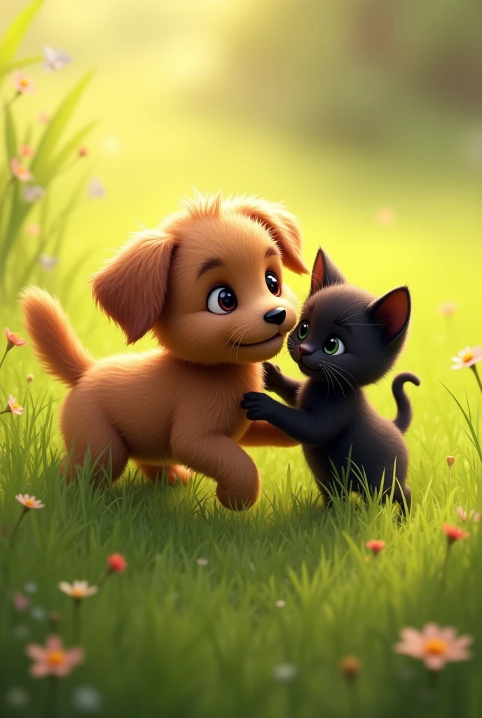 A brown furry puppy with parts in a grass, playing but a black kitten